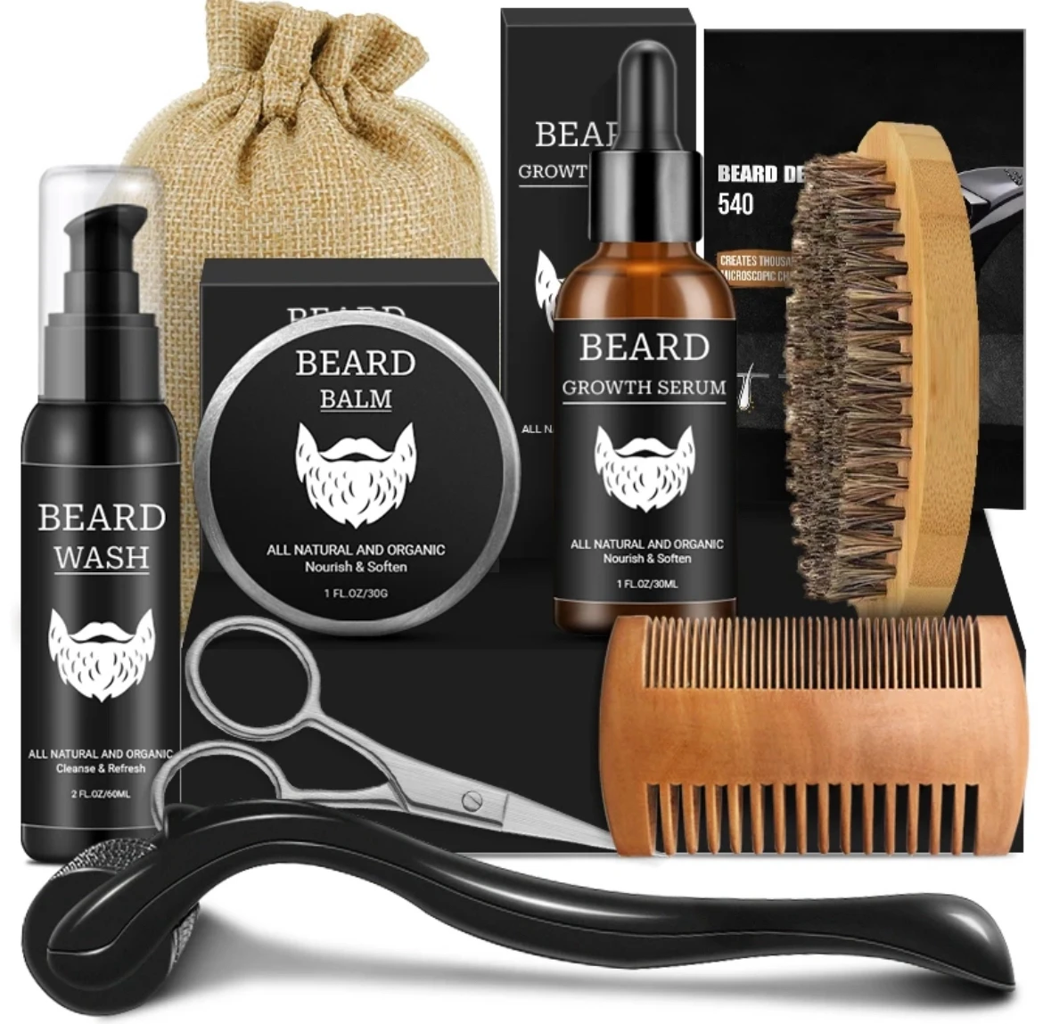 Beard Kit - Includes Beard Wash, Serum, Oil, Balm, Comb, Brush, Scissors, Bag - 