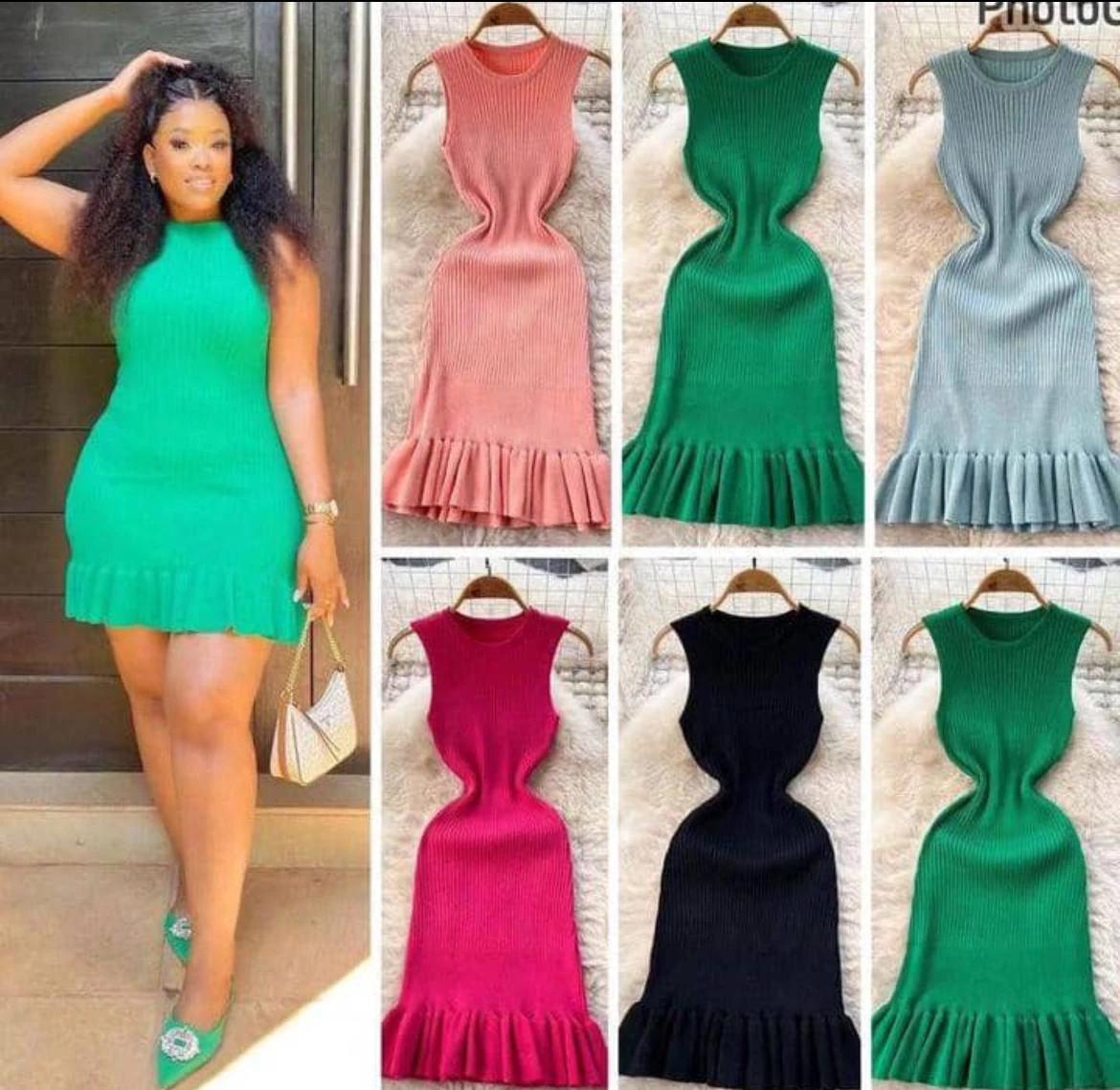 Women Knitted Bodycon Dress O Neck Sleeveless Ruffled Party Sundress High Street