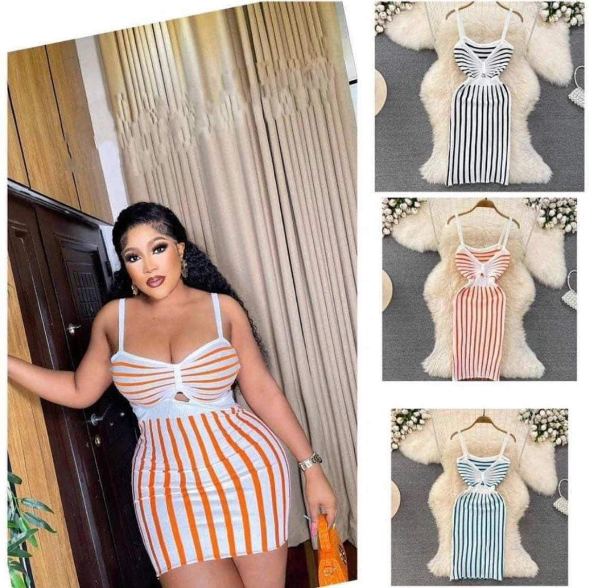 Womens Summer Contrasting Stripes Slip Dress Knitted V Neck Temperament Slim Bea