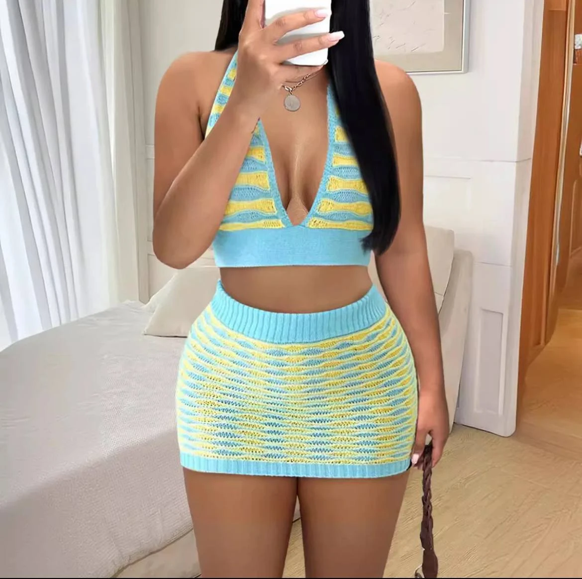 Colorblock Halter Cropped Skirt Sets