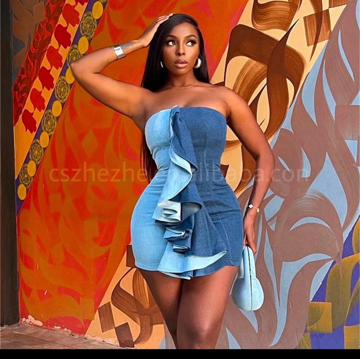 Sexy Stretch Ruffled Edge Color Patchwork Mini Dress Tube Dress Hip Wrap Dress