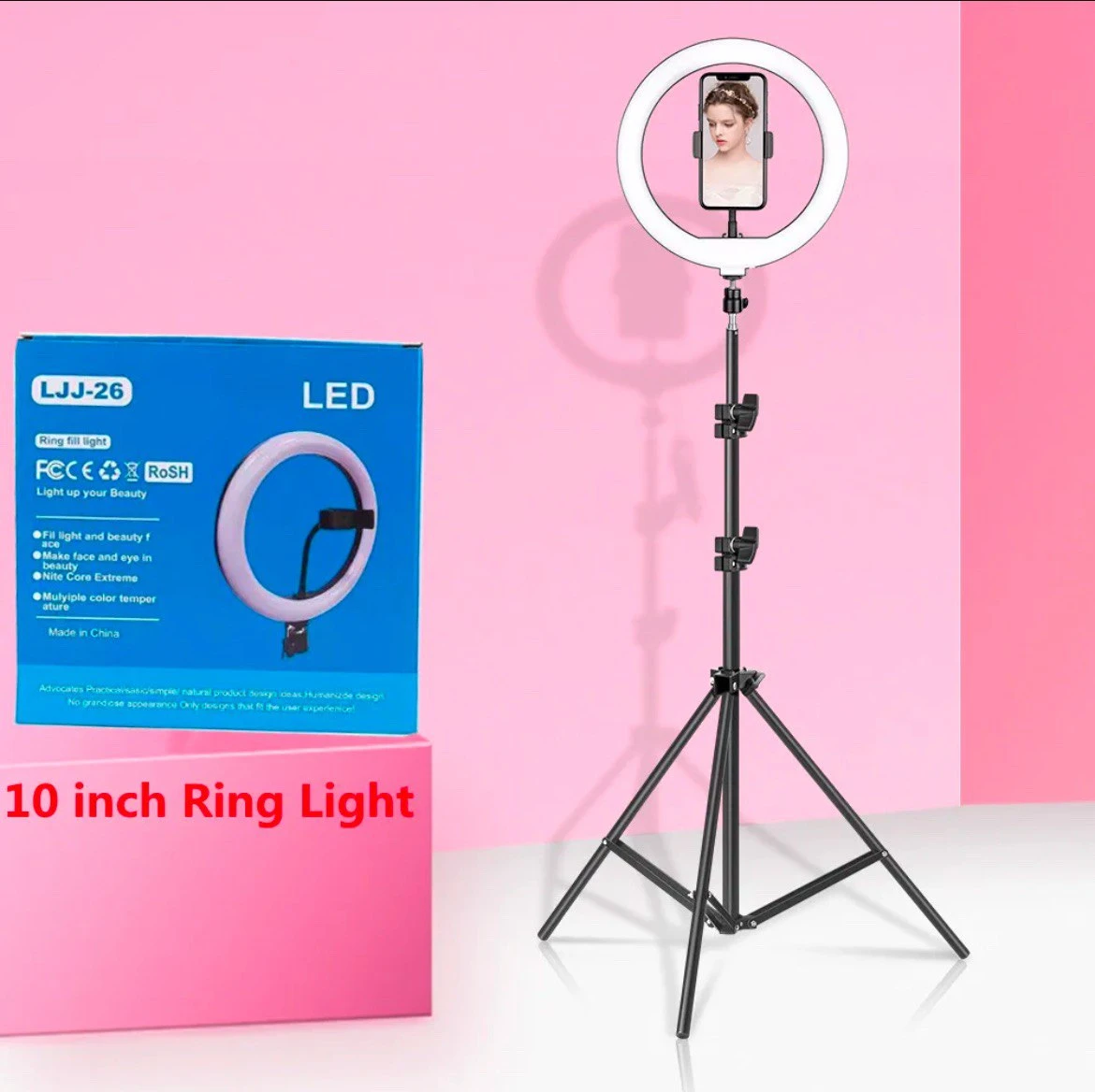 10 LED Ring Light with Non-Slip Phone Holder Foldable Tripod Kit for Live Stream