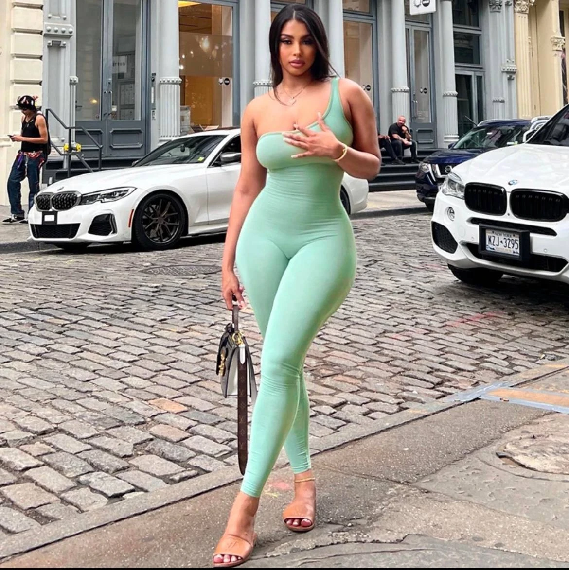 Green Slanted Neckline Slim Jumpsuit