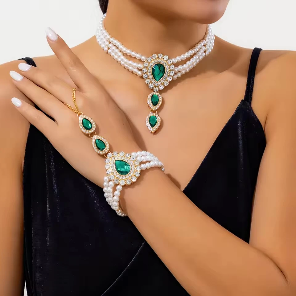Pearl & Emerald Green Statement Jewelry Set for Women