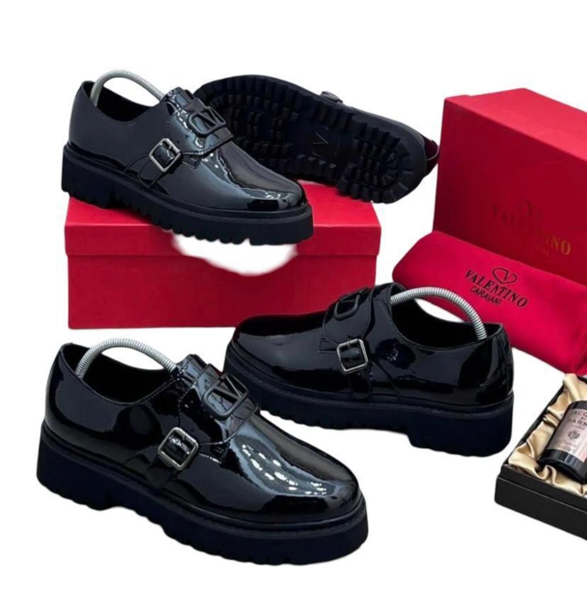 Valentino Garavani VLogo Signature Patent Leather Monk Strap Shoe – Black